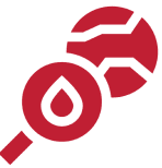 Red magnifying glass inspecting a blood droplet.